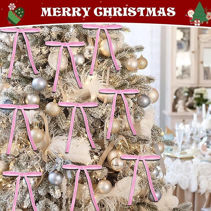 24 Pcs Pink Velvet Bows for Christmas Tree, Elegant Christmas Tree Bows, 5x7 Inch Pre-Tied Ribbon Bows for Wreaths, Gifts, and Holiday Décor, Velvet Bow Ornaments for Xmas Trees