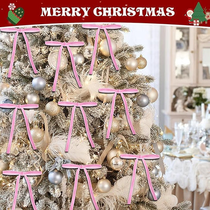 24 Pcs Pink Velvet Bows for Christmas Tree, Elegant Christmas Tree Bows, 5x7 Inch Pre-Tied Ribbon Bows for Wreaths, Gifts, and Holiday Décor, Velvet Bow Ornaments for Xmas Trees