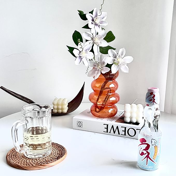 BLOFLO Transparent Glass Hydroponic Flower Vase, 7-Inch Orange Glass Vase, Four-Layer Geometric Glass Floral Vase for Home Décor, Modern Bubble Glass Vase for Home Office Wedding Table (Orange)