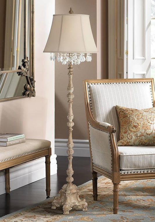 Barnes and Ivy Duval French Vintage Traditional Standing Floor Lamp 63.5" Tall Distressed Crystal Glass Beading Cream Bell Shade Decor for Living Room Reading House Bedroom Home