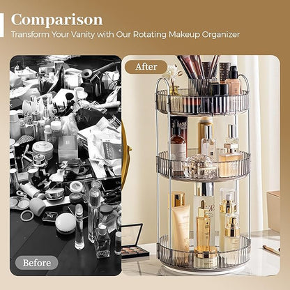 Aveniee 360° Rotating Makeup Organizer for Vanity, Upagraded Perfume Skincare Bathroom Counter Organizers with Brush Divider, 3 Tier Spinning Lipstick Cosmetic Lotion Storage,Grey