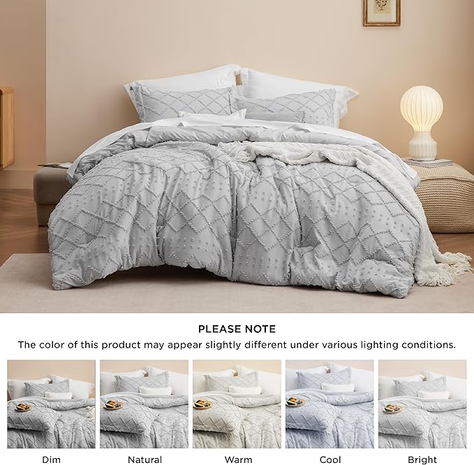 Bedsure Full Comforter Set - Light Grey Comforter, Boho Tufted Shabby Chic Bedding for Kids, 3 Pieces Vintage Farmhouse Bed Set for All Seasons, Fluffy Soft Bedding with 2 Pillow Shams