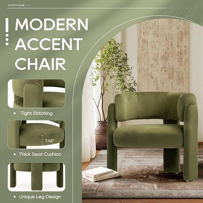 COLAMY Modern Velvet Accent Chair, Upholstered Barrel Chair, Comfy Side Arm Chair with 3 Legs for Living Room, Bedroom, Reading, Green