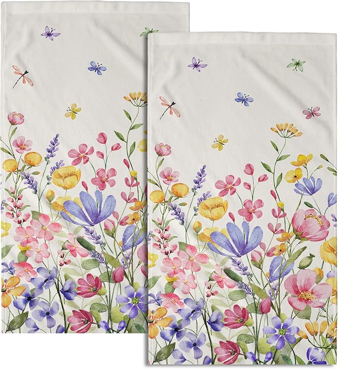 Spring Floral Dish Towels Set of 2 Colorful Decorative Kitchen Towels Absorbent Holiday Tea Towels