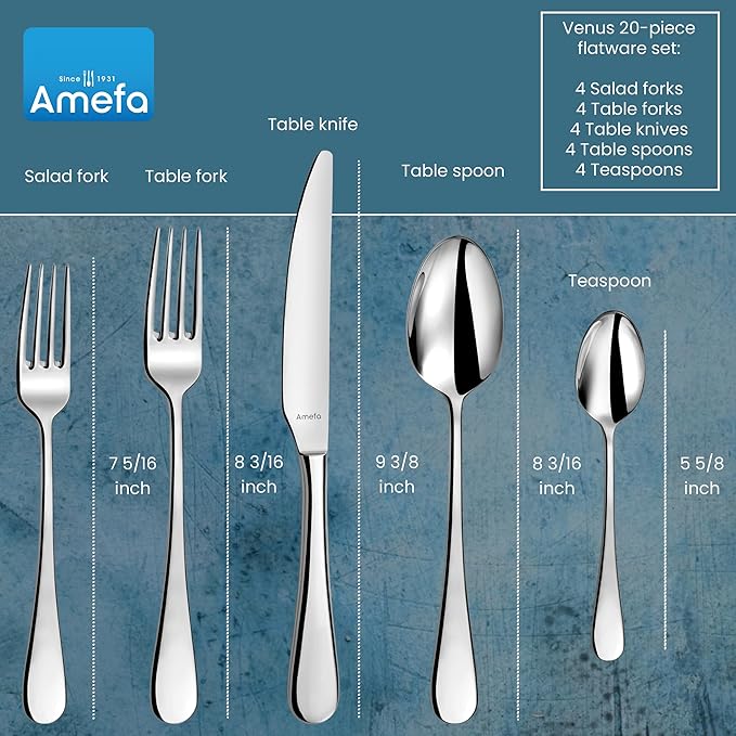 Amefa Venus 20-piece Premium 18/10 Stainless Steel Flatware Set, High Gloss Mirror Finish, Silverware Set Service for 4, Dishwasher Safe, Rust resistant Cutlery.