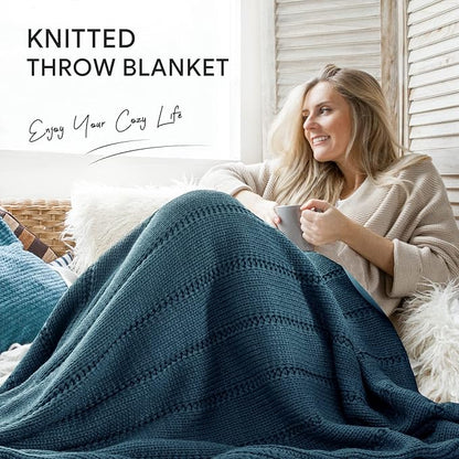 RECYCO Cable Knit Navy Blue Throw Blanket Twin Size, Super Soft Warm Cozy Decorative Knitted Throw Blanket 3.6LB for Large 60"x80"