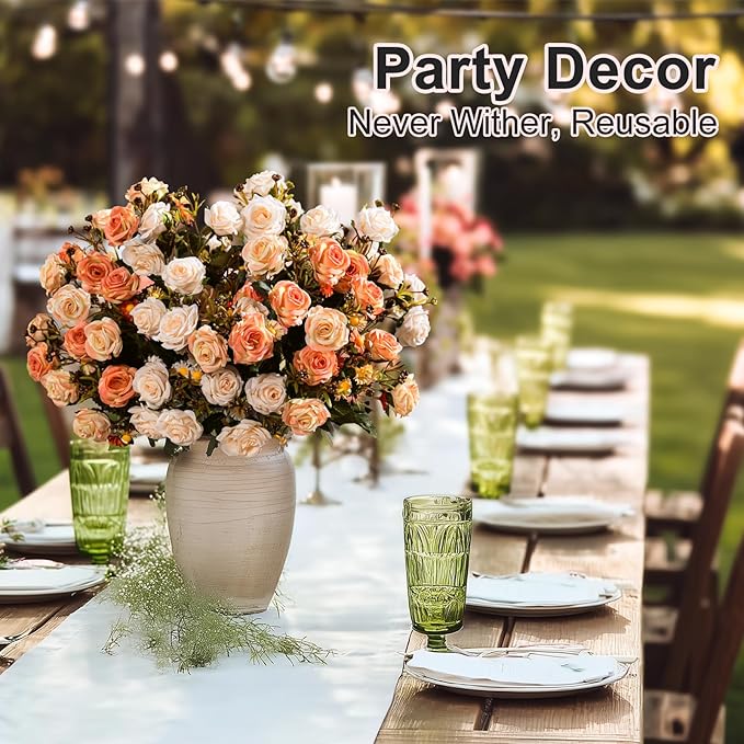 Artificial Flowers for Outdoor 4 Bundles Rose Bouquet with Daisy Faux Flowers UV Resistant for Home Indoor Outside Garden Porch Window Box Balcony Yard Porch Decor (White+Orange)