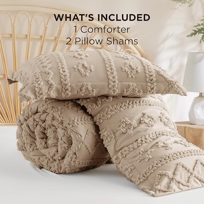 Bedsure Tufted Boho Comforter Set Oversized Queen - Khaki Boho Bed Set, GentleSoft™ 3 Pieces Farmhouse Shabby Chic Embroidery Bedding, Gifts for Woman, Soft Jacquard Comforter for All Seasons