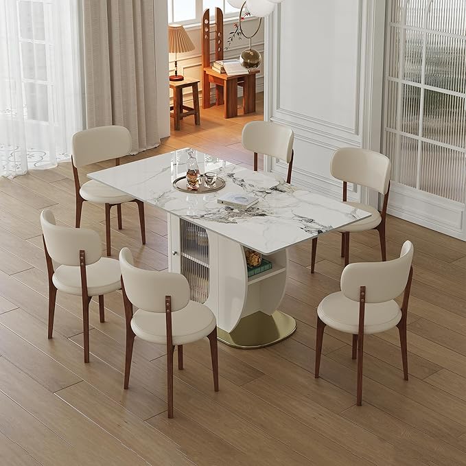 Montary 63" Modern 4-6 Person Dining Table with Storage Cabinet, Artificial Marble Dining Table with Sintered Stone Tabletop & Golden Solid Wood Base, Includes 6 Cream PU Chairs for Kitchen