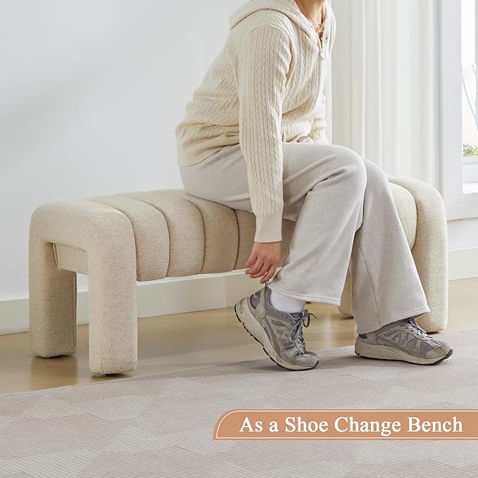 43’’ End of Bed Bench, Modern Linen Entryway Bench, Upholstered Ottoman Stool with Full Coverage Fabrics, Ottoman for Bedroom, Living Room, Dining Room, Beige