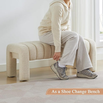 43’’ End of Bed Bench, Modern Linen Entryway Bench, Upholstered Ottoman Stool with Full Coverage Fabrics, Ottoman for Bedroom, Living Room, Dining Room, Beige