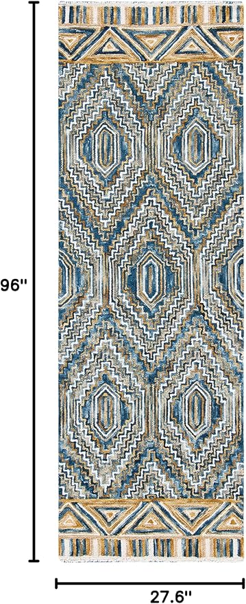 SAFAVIEH Aspen Collection Runner Rug - 2'3" x 8', Blue & Gold, Handmade Boho Wool, Ideal for High Traffic Areas in Living Room, Bedroom (APN822M)