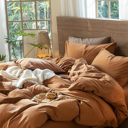 MooMee Wavy Striped Duvet Cover Set 100% Washed Cotton Linen Like Textured Breathable Durable Soft Comfy (Dark Orange, Super Queen 90"x98")