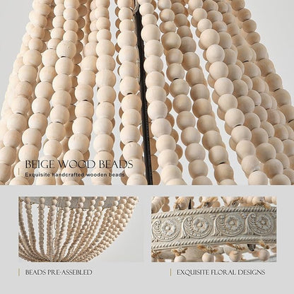 Boho Wood Beads Chandelier Vintage Rustic Farmhouse Chandeliers 3-Lights Wooden Island Pendant Lighting Fixture Retro Ceiling Lights for Dining Room Kitchen Bedroom Foyer D21.65