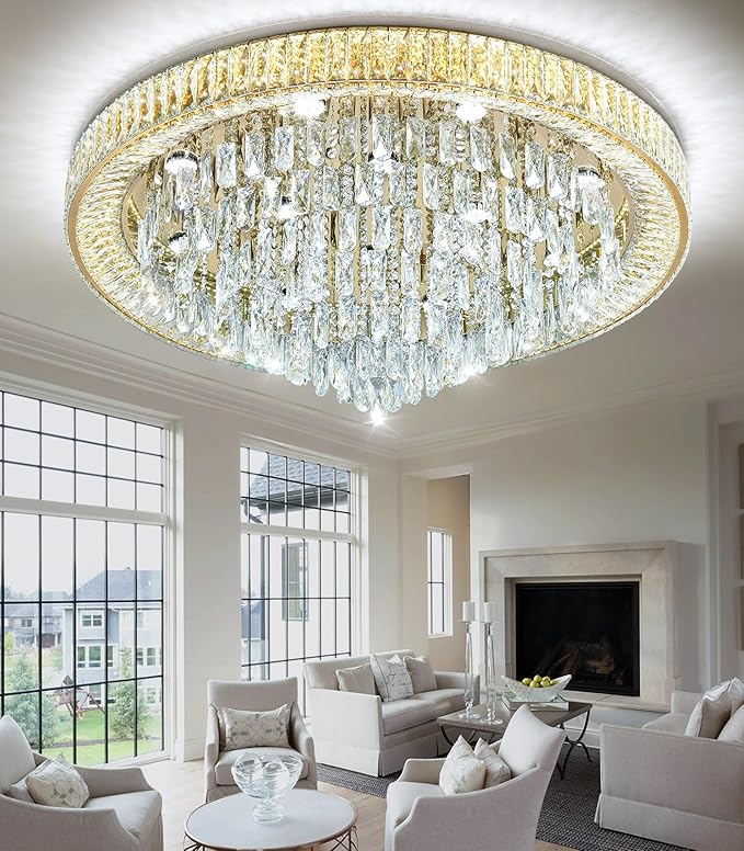 Modern Crystal Large Chandeliers LED Dimmable Flush Mount Ceiling Chandeliers for Living Room High Ceiling Entrance Foyer Bedroom