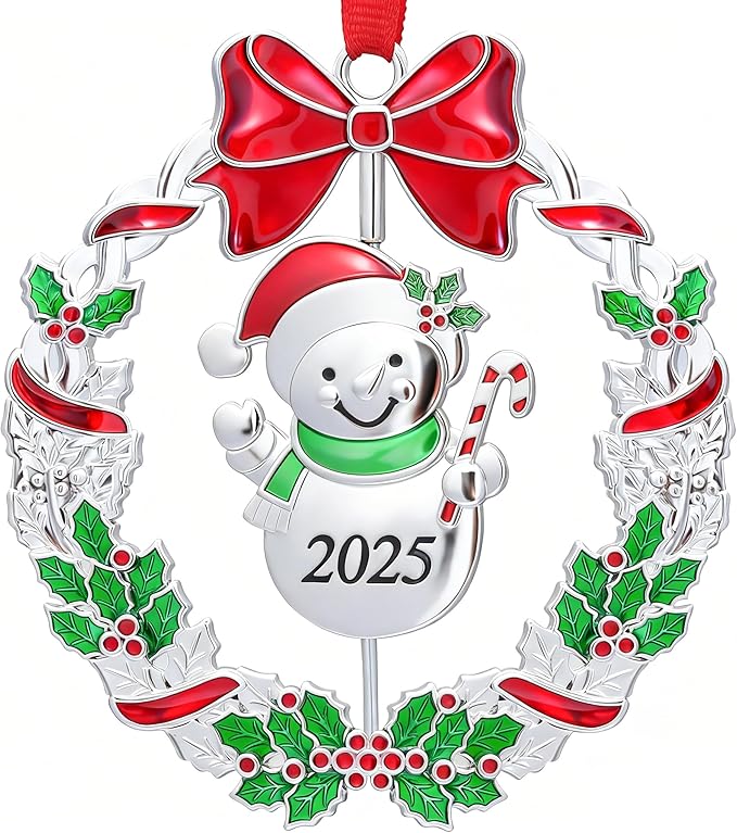 Christmas Ornaments, Metal Christmas Tree Ornaments Dated 2025 Silver Rotatable Funny Christmas Ornaments Decorative Keepsake Snowman Decoration
