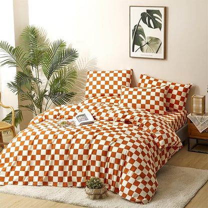 CLOTHKNOW Rust Beige Plaid Twin/Twin XL Comforter Set 3Pcs Grid Bedding Comforter Sets Soft All Season Checker Comforter with 2 x Pillow Cases