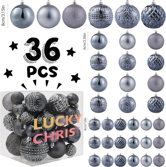 Grey Christmas Ball Ornaments Christmas Tree Decorations with Hang Rope-36pcs Shatterproof Christmas Ornaments Set with 6 Styles in 3 Sizes(Small Medium Large)