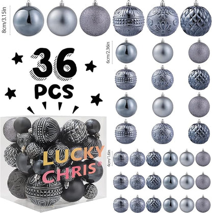 Grey Christmas Ball Ornaments Christmas Tree Decorations with Hang Rope-36pcs Shatterproof Christmas Ornaments Set with 6 Styles in 3 Sizes(Small Medium Large)