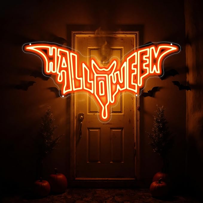 Halloween Bat Shaped Neon Sign Spooky Red LED Wall Decor For Haunted House Party Gothic Bar Room Glowing Halloween Decoration Outdoor Use Bedroom Home Decor Bar LED Decoration Light-Orange