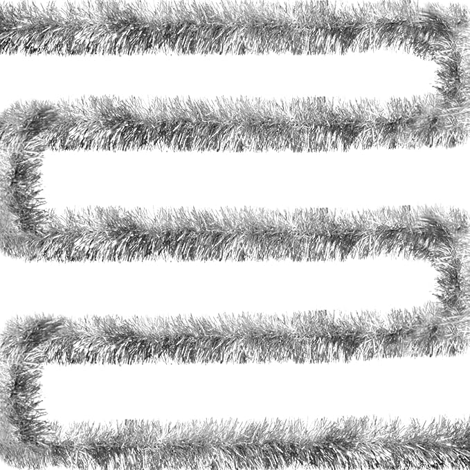 Jishi 50 FT Christmas Garland Silver Tinsel Garland Christmas Tree Decorations - Non-Lit Xmas Holiday Decor Outdoor Indoor Home Garden Outside Wedding Party Artificial Thick Silver Decorative Garland