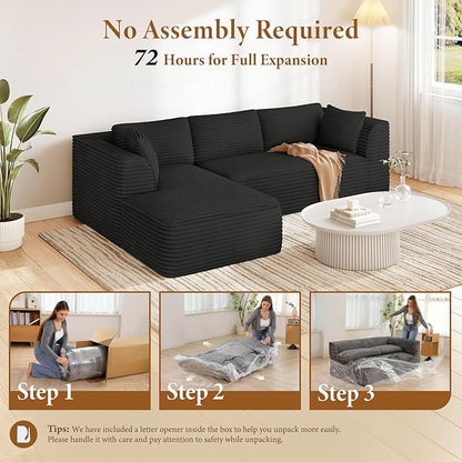 Vesgantti 106" Boneless Couch with Chaise, Deep Seat Comfy Cloud Modular Sofa Corduroy Sectional Couches for Living Room Bedroom, No Assembly Required (Black, Left-Facing Chaise)