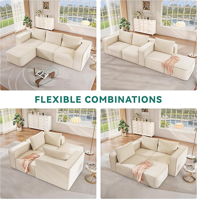 YITAHOME 107 Inch Cloud Modular Sofa with L-Shape Chaise, Deep Seat & 3 Pillows, Corduroy Couch for Living Room Bedroom, No Assembly Needed, Milky White