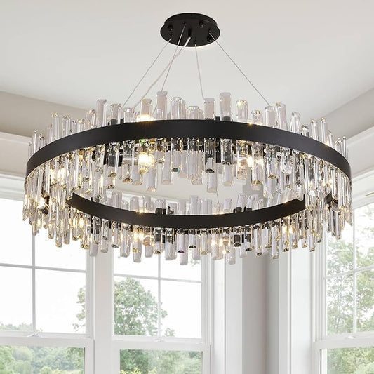 Siljoy Modern Crystal Chandelier Farmhouse Black Round 2-Tiers K9 Crystal Raindrop Chandelier Adjustable Flush Mount Crystal Ceiling Light for Dining Living Room Entryway Foyer E12x20, D39.4''