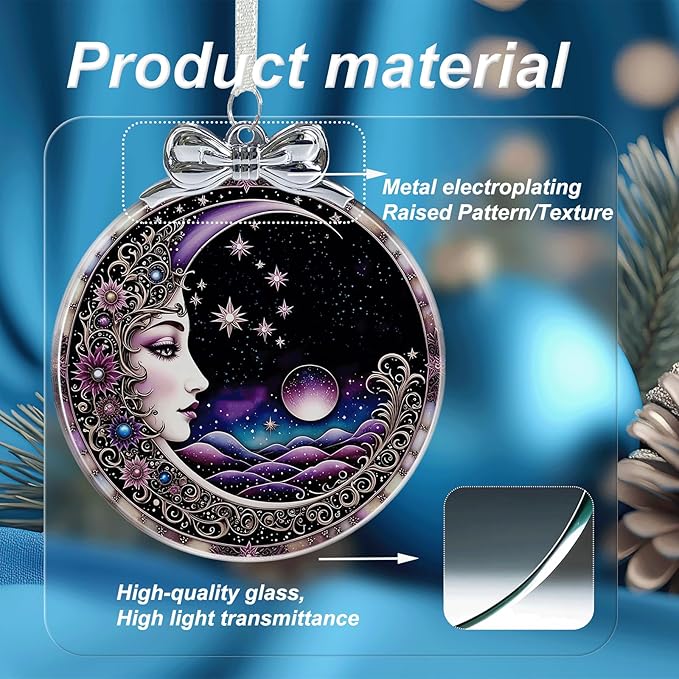 Sun and Moon Christmas Ornament Crystal Glass with Gift Box- Hanging Ornaments for Christmas Tree Xmas Decorations, Holiday Keepsake Present Exchange Ideas