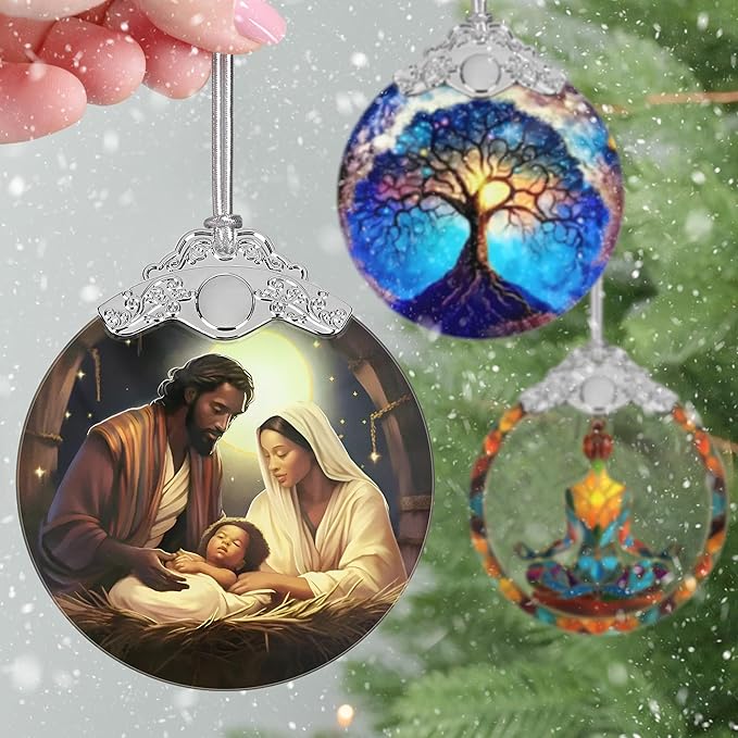 Nativity Christmas Ornaments, 3" Stained Glass Christmas Decor, Religious Ornaments for Christmas Tree, Christian Gifts for Kids, Religious Gifts for Women, Perfect for Holiday Party, Window, Tree