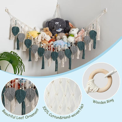 Pretty Jolly Stuffed Animal Storage with Hand Woven Leaf Tassels Hammock Corner Hanging Net Boho Macrame Plush Storage for Kid Room Nursery Decor Wall Display for Girls Gift(Gray&Blue)