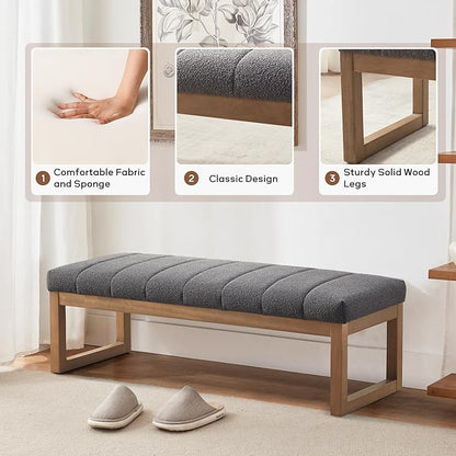 52.7" Bedroom Bench for End of Bed, Modern Upholstered Teddy Fabric Entryway Bench & Dining Bench, Footrest Stool Bench with Solid Wood Frame for Bedroom, Living Room (Grey)
