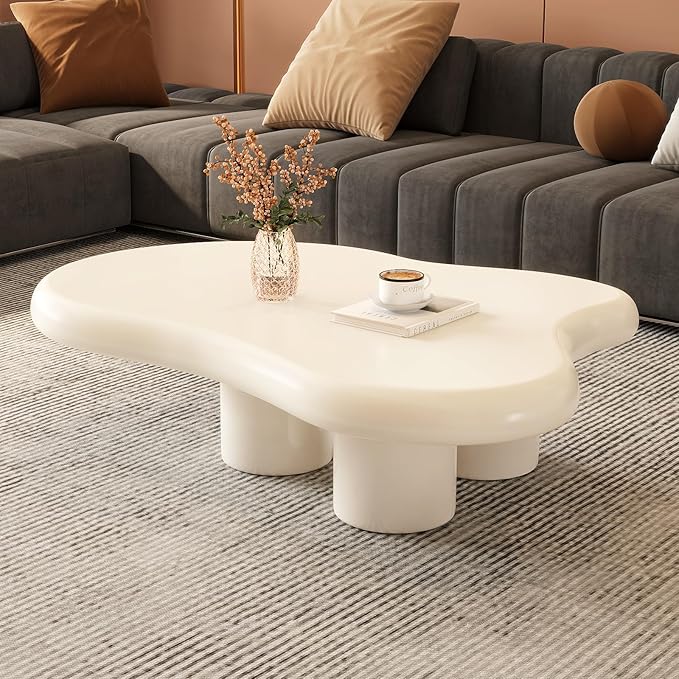 Cloud Coffee Table,Unique Wavy Design, Irregular Shape Living Room Coffee Table, White