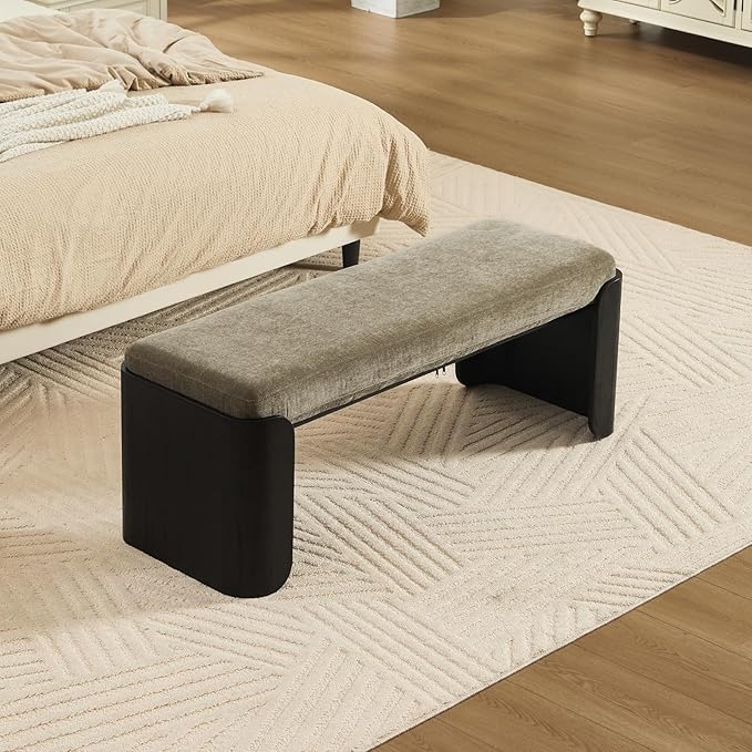 DUOMAY Modern Chenille Bedroom Bench, 49" Wide Long Entryway Bench with Solid Wood Legs Upholstered Dining Bench Ottoman for Living Room Indoor, Green