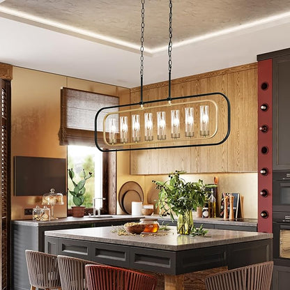Dining Room Light Fixture, 8 Lights Modern Farmhouse Chandelier Kitchen Island Lights Black and Gold Linear Chandeliers for Dining Room, 46" Large Pendant Lights with Clear Glass