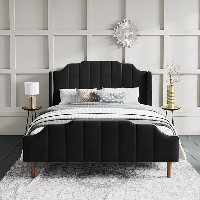 SHA CERLIN Upholstered Queen Size Bed Frame with Modern Curved Velvet Wingback Headboard, Heavy Duty Wood Platform Bed with Strong Wood Slat Support, No Box Spring Needed, Black