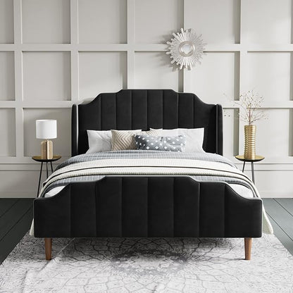SHA CERLIN Upholstered Queen Size Bed Frame with Modern Curved Velvet Wingback Headboard, Heavy Duty Wood Platform Bed with Strong Wood Slat Support, No Box Spring Needed, Black