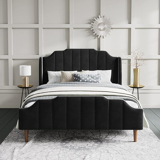 SHA CERLIN Upholstered Queen Size Bed Frame with Modern Curved Velvet Wingback Headboard, Heavy Duty Wood Platform Bed with Strong Wood Slat Support, No Box Spring Needed, Black