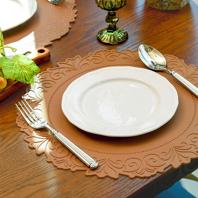 Noctiflorous Round Faux Leather 15 Inch Placemats Set of 4 Waterproof Wipeable Heat Resistant Tablemat for Dining Table Kitchen Non Slip Washable Oilproof Table Place Mat(Umber Brown, 4)