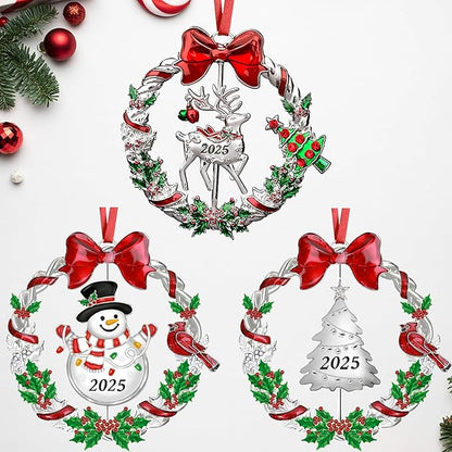 3pcs Christmas Ornament 2025 for Christmas Tree Decorations, Dated 2025 Christmas Wreath Tree Ornament with Rotatable Snowman/Tree/Deer for Xmas Holiday Metal Decorative Keepsake Gift