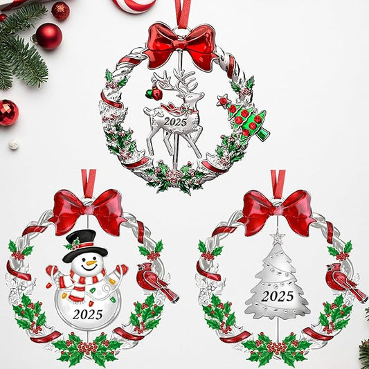 3pcs Christmas Ornament 2025 for Christmas Tree Decorations, Dated 2025 Christmas Wreath Tree Ornament with Rotatable Snowman/Tree/Deer for Xmas Holiday Metal Decorative Keepsake Gift