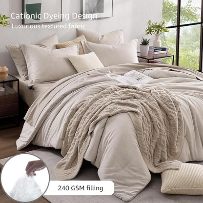 Monbix California King Comforter Set - 7 Pieces Cationic Dyeing Oatmeal Bed in a Bag Cal King Bed Sets with Comforter, Sheets, Pillowcases & Shams, Reversible Bedding Comforters Sets (108 * 92)