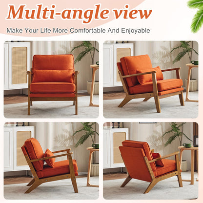 VINGLI Solid Wood Wide Armrests Accent Chair,Upholstered Mid Century Modern Chair with Pillow,Comfy Reading Chair Farmhouse Arm Chair,Chairs Living Room,Bedroom,Guest Room,Teddy Fleece,Khaki