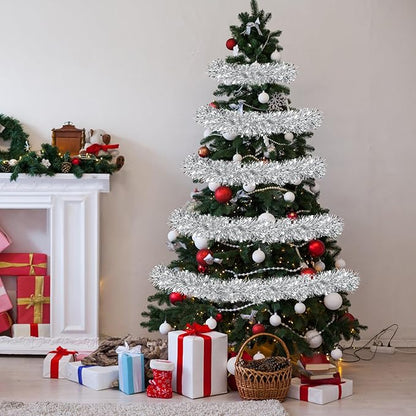 50 FT Silver Christmas Tinsel Garland Christmas Decorations for Xmas Tree Decor Metallic Twist Shiny Hanging Garlands for Tree Mantel Stairs Fireplace Home Indoor Outdoor Holiday Decor Party Supplies