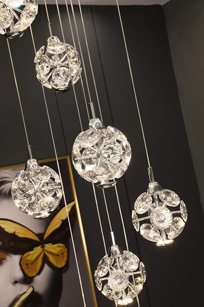 10-Light High Ceilings Long Chandeliers Modern Crystal Staircase Chandelier Hanging Lighting Fixtures for Spiral Staircase,Foyer,Entryway