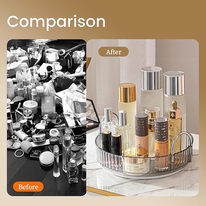 Aveniee Rotating Makeup Organizer for Vanity, Skincare Perfume Organizers for Bathroom Countertop, Clear Cosmetic Make Up Storage for Dresser, Lipstick Product Spinning Holder,1 Tier, Grey