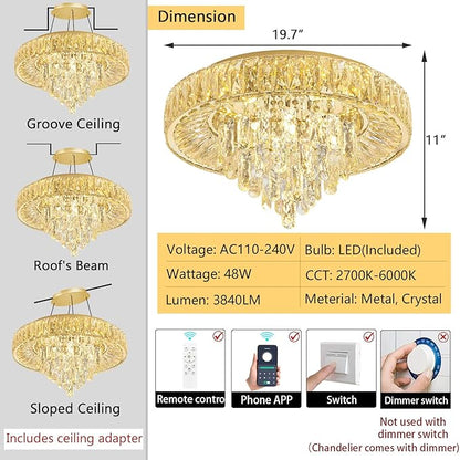 Modern Crystal Chandeliers for Dining Room LED Light Fixture Close to Ceiling Chandelier Flush Mount Ceiling Light Dimmable Lamp with Remote for Living Room Bedroom Hallway