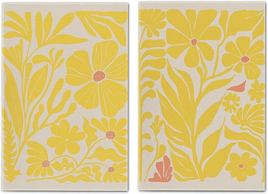 Boho Floral Dish Towels Vintage Abstract Flowers Waffle Weave Yellow Flower