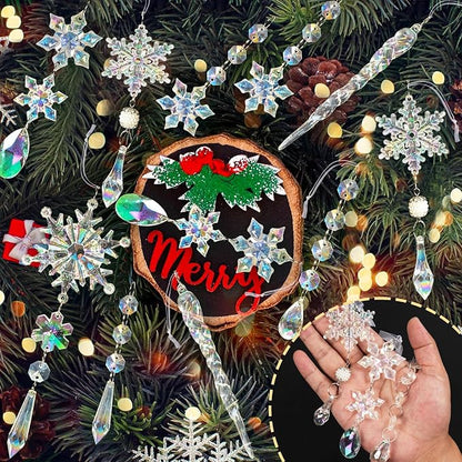 48pcs Christmas Crystal Ornaments for Tree - Iridescent Christmas Tree Ornaments Acrylic Snowflakes Drop Icicle Pendants Hanging Ornaments for Xmas Trees Winter Holiday Frozen Party Decorations
