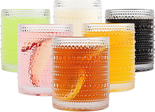 Vintage Glassware Drinking Glasses Set of 6,12 oz Hobnail Glass Cups,Embossed Clear Water Tumbler,for Beer,Cocktail,Whiskey,Juice and Various Mixed Drinks- 1 Cleaning Brush
